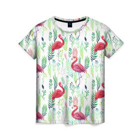 Женская футболка 3D с принтом Цветы и бабочки 2 в Санкт-Петербурге, 100% полиэфир ( синтетическое хлопкоподобное полотно) | прямой крой, круглый вырез горловины, длина до линии бедер | растения | фламинго