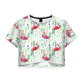 Женская футболка 3D укороченная с принтом Цветы и бабочки 2 в Санкт-Петербурге, 100% полиэстер | круглая горловина, длина футболки до линии талии, рукава с отворотами | растения | фламинго