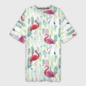 Платье-футболка 3D с принтом Цветы и фламинго 2 в Санкт-Петербурге,  |  | растения | фламинго
