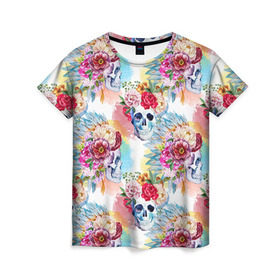 Женская футболка 3D с принтом Цветы и бабочки 5 в Санкт-Петербурге, 100% полиэфир ( синтетическое хлопкоподобное полотно) | прямой крой, круглый вырез горловины, длина до линии бедер | акварель | нежный | паттерн | цветочек | цветочный