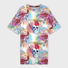 Платье-футболка 3D с принтом Цветы и бабочки 5 в Санкт-Петербурге,  |  | Тематика изображения на принте: акварель | нежный | паттерн | цветочек | цветочный