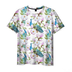 Мужская футболка 3D с принтом Цветы и бабочки 6 в Санкт-Петербурге, 100% полиэфир | прямой крой, круглый вырез горловины, длина до линии бедер | акварель | нежный | паттерн | цветочек | цветочный