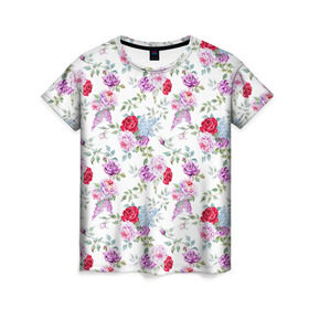 Женская футболка 3D с принтом Цветы и бабочки 8 в Санкт-Петербурге, 100% полиэфир ( синтетическое хлопкоподобное полотно) | прямой крой, круглый вырез горловины, длина до линии бедер | акварель | бабочка | нежный | рисунок | роза | сирень | цветочек | цветочный | цветы