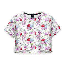 Женская футболка 3D укороченная с принтом Цветы и бабочки 8 в Санкт-Петербурге, 100% полиэстер | круглая горловина, длина футболки до линии талии, рукава с отворотами | акварель | бабочка | нежный | рисунок | роза | сирень | цветочек | цветочный | цветы
