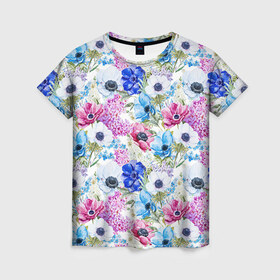 Женская футболка 3D с принтом Цветы и бабочки 9 в Санкт-Петербурге, 100% полиэфир ( синтетическое хлопкоподобное полотно) | прямой крой, круглый вырез горловины, длина до линии бедер | акварель | нежный | паттерн | цветочек | цветочный