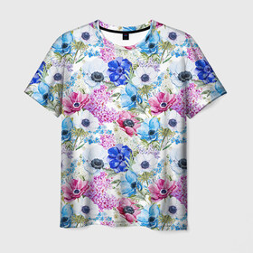 Мужская футболка 3D с принтом Цветы и бабочки 9 в Санкт-Петербурге, 100% полиэфир | прямой крой, круглый вырез горловины, длина до линии бедер | акварель | нежный | паттерн | цветочек | цветочный