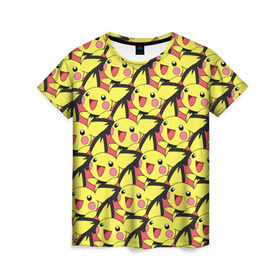 Женская футболка 3D с принтом Pikachu в Санкт-Петербурге, 100% полиэфир ( синтетическое хлопкоподобное полотно) | прямой крой, круглый вырез горловины, длина до линии бедер | pikachu | pokeboll | pokemon | пикачу | покеболл | покемон