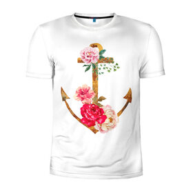 Мужская футболка 3D спортивная с принтом Якорь с цветами в Санкт-Петербурге, 100% полиэстер с улучшенными характеристиками | приталенный силуэт, круглая горловина, широкие плечи, сужается к линии бедра | акварель | бабочка | нежный | рисунок | роза | сирень | цветочек | цветочный | цветы