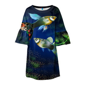Детское платье 3D с принтом Аквариумные рыбки в Санкт-Петербурге, 100% полиэстер | прямой силуэт, чуть расширенный к низу. Круглая горловина, на рукавах — воланы | Тематика изображения на принте: аквариум | вода | водоросли | природа | рыба | рыбка | туризм