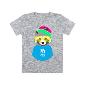 Детская футболка хлопок с принтом Енот в Санкт-Петербурге, 100% хлопок | круглый вырез горловины, полуприлегающий силуэт, длина до линии бедер | Тематика изображения на принте: city | ny | енот | животные | звери | кепка | очки | серый | хипстер
