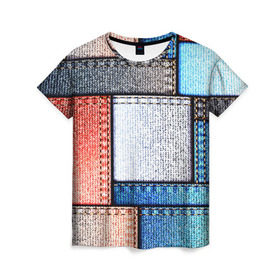 Женская футболка 3D с принтом Джинсовый стиль в Санкт-Петербурге, 100% полиэфир ( синтетическое хлопкоподобное полотно) | прямой крой, круглый вырез горловины, длина до линии бедер | заплатки | разноцветный | текстура | ткань