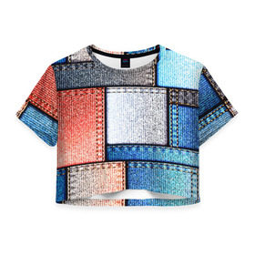 Женская футболка 3D укороченная с принтом Джинсовый стиль в Санкт-Петербурге, 100% полиэстер | круглая горловина, длина футболки до линии талии, рукава с отворотами | заплатки | разноцветный | текстура | ткань