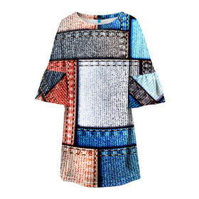 Детское платье 3D с принтом Джинсовый стиль в Санкт-Петербурге, 100% полиэстер | прямой силуэт, чуть расширенный к низу. Круглая горловина, на рукавах — воланы | Тематика изображения на принте: заплатки | разноцветный | текстура | ткань