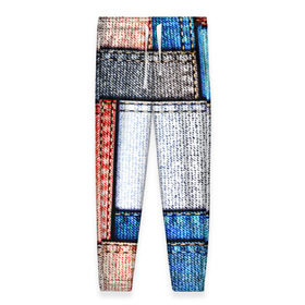 Женские брюки 3D с принтом Джинсовый стиль в Санкт-Петербурге, полиэстер 100% | прямой крой, два кармана без застежек по бокам, с мягкой трикотажной резинкой на поясе и по низу штанин. В поясе для дополнительного комфорта — широкие завязки | заплатки | разноцветный | текстура | ткань