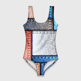 Купальник-боди 3D с принтом Джинсовый стиль в Санкт-Петербурге, 82% полиэстер, 18% эластан | Круглая горловина, круглый вырез на спине | заплатки | разноцветный | текстура | ткань