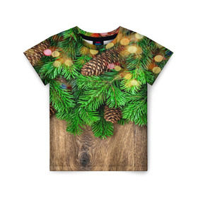 Детская футболка 3D с принтом Елка в Санкт-Петербурге, 100% гипоаллергенный полиэфир | прямой крой, круглый вырез горловины, длина до линии бедер, чуть спущенное плечо, ткань немного тянется | дерево | елка | зеленый | зима | новый год | шишки