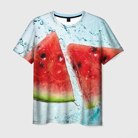 Мужская футболка 3D с принтом Арбуз в Санкт-Петербурге, 100% полиэфир | прямой крой, круглый вырез горловины, длина до линии бедер | арбуз | арт | вода | косточки | рисунок