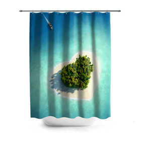 Штора 3D для ванной с принтом Остров в Санкт-Петербурге, 100% полиэстер | плотность материала — 100 г/м2. Стандартный размер — 146 см х 180 см. По верхнему краю — пластиковые люверсы для креплений. В комплекте 10 пластиковых колец | вода | дерево | лето | море | океан | остров | пальмы | песок | сердечко | сердце | синий