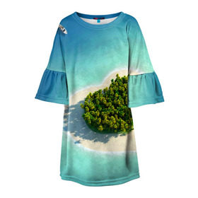 Детское платье 3D с принтом Остров в Санкт-Петербурге, 100% полиэстер | прямой силуэт, чуть расширенный к низу. Круглая горловина, на рукавах — воланы | Тематика изображения на принте: вода | дерево | лето | море | океан | остров | пальмы | песок | сердечко | сердце | синий