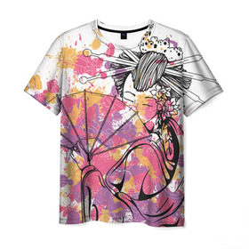 Мужская футболка 3D с принтом Гейша в Санкт-Петербурге, 100% полиэфир | прямой крой, круглый вырез горловины, длина до линии бедер | веер | девушка | краски | рисунок | цвета | япония