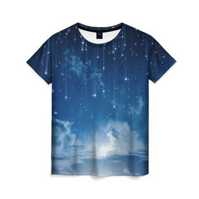Женская футболка 3D с принтом Звездное небо в Санкт-Петербурге, 100% полиэфир ( синтетическое хлопкоподобное полотно) | прямой крой, круглый вырез горловины, длина до линии бедер | вселенная | галактика | звезды | небо | ночь