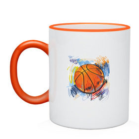 Кружка двухцветная с принтом Баскетбольный мяч в штрихах в Санкт-Петербурге, керамика | объем — 330 мл, диаметр — 80 мм. Цветная ручка и кайма сверху, в некоторых цветах — вся внутренняя часть | Тематика изображения на принте: баскетбол | стилизация | штрихи