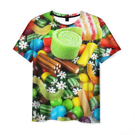 Мужская футболка 3D с принтом Сладости в Санкт-Петербурге, 100% полиэфир | прямой крой, круглый вырез горловины, длина до линии бедер | вкуснотища | вкусняшки | глазурь | жевачка | карамель | карамельки | конфетки | конфеты | леденец | мармеладки | сахар | сладости