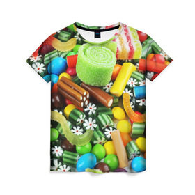 Женская футболка 3D с принтом Сладости в Санкт-Петербурге, 100% полиэфир ( синтетическое хлопкоподобное полотно) | прямой крой, круглый вырез горловины, длина до линии бедер | вкуснотища | вкусняшки | глазурь | жевачка | карамель | карамельки | конфетки | конфеты | леденец | мармеладки | сахар | сладости