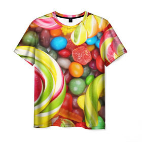 Мужская футболка 3D с принтом Вкусняшки в Санкт-Петербурге, 100% полиэфир | прямой крой, круглый вырез горловины, длина до линии бедер | вкуснотища | вкусняшки | глазурь | жевачка | карамель | карамельки | конфетки | конфеты | леденец | мармеладки | сахар | сладости