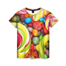 Женская футболка 3D с принтом Вкусняшки в Санкт-Петербурге, 100% полиэфир ( синтетическое хлопкоподобное полотно) | прямой крой, круглый вырез горловины, длина до линии бедер | вкуснотища | вкусняшки | глазурь | жевачка | карамель | карамельки | конфетки | конфеты | леденец | мармеладки | сахар | сладости
