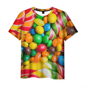 Мужская футболка 3D с принтом Сладкоежка в Санкт-Петербурге, 100% полиэфир | прямой крой, круглый вырез горловины, длина до линии бедер | вкуснотища | вкусняшки | глазурь | жевачка | карамель | карамельки | конфетки | конфеты | леденец | мармеладки | сахар | сладости