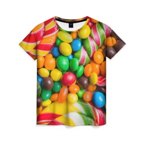 Женская футболка 3D с принтом Сладкоежка в Санкт-Петербурге, 100% полиэфир ( синтетическое хлопкоподобное полотно) | прямой крой, круглый вырез горловины, длина до линии бедер | вкуснотища | вкусняшки | глазурь | жевачка | карамель | карамельки | конфетки | конфеты | леденец | мармеладки | сахар | сладости