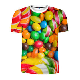 Мужская футболка 3D спортивная с принтом Сладкоежка в Санкт-Петербурге, 100% полиэстер с улучшенными характеристиками | приталенный силуэт, круглая горловина, широкие плечи, сужается к линии бедра | вкуснотища | вкусняшки | глазурь | жевачка | карамель | карамельки | конфетки | конфеты | леденец | мармеладки | сахар | сладости