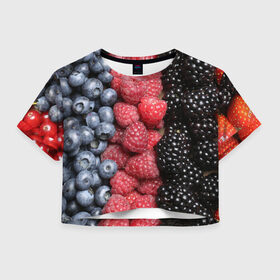 Женская футболка 3D укороченная с принтом Сочные ягоды в Санкт-Петербурге, 100% полиэстер | круглая горловина, длина футболки до линии талии, рукава с отворотами | богатый урожай | брусника | ерга | земляника | клубника | клюква | малина | морожка | облепиха | рябина | смородина | сок | сочные плоды | фрукты | черника | черноплодка | шиповник | ягоды