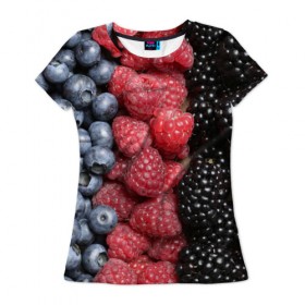 Женская футболка 3D с принтом Сочные ягоды в Санкт-Петербурге, 100% полиэфир ( синтетическое хлопкоподобное полотно) | прямой крой, круглый вырез горловины, длина до линии бедер | богатый урожай | брусника | ерга | земляника | клубника | клюква | малина | морожка | облепиха | рябина | смородина | сок | сочные плоды | фрукты | черника | черноплодка | шиповник | ягоды