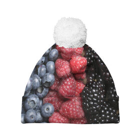 Шапка 3D c помпоном с принтом Сочные ягоды в Санкт-Петербурге, 100% полиэстер | универсальный размер, печать по всей поверхности изделия | богатый урожай | брусника | ерга | земляника | клубника | клюква | малина | морожка | облепиха | рябина | смородина | сок | сочные плоды | фрукты | черника | черноплодка | шиповник | ягоды