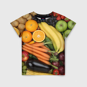 Детская футболка 3D с принтом Овощи и фрукты в Санкт-Петербурге, 100% гипоаллергенный полиэфир | прямой крой, круглый вырез горловины, длина до линии бедер, чуть спущенное плечо, ткань немного тянется | апельсин | баклажан | банан | картофель | клубника | кукуруза | морковь | овощи | перец | фрукты | яблоки