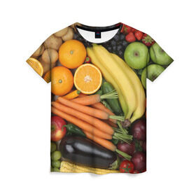 Женская футболка 3D с принтом Овощи и фрукты в Санкт-Петербурге, 100% полиэфир ( синтетическое хлопкоподобное полотно) | прямой крой, круглый вырез горловины, длина до линии бедер | апельсин | баклажан | банан | картофель | клубника | кукуруза | морковь | овощи | перец | фрукты | яблоки
