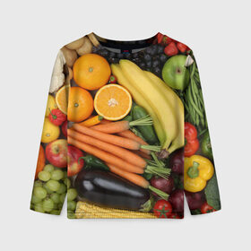 Детский лонгслив 3D с принтом Овощи и фрукты в Санкт-Петербурге, 100% полиэстер | длинные рукава, круглый вырез горловины, полуприлегающий силуэт
 | Тематика изображения на принте: апельсин | баклажан | банан | картофель | клубника | кукуруза | морковь | овощи | перец | фрукты | яблоки