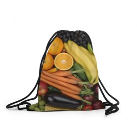 Рюкзак-мешок 3D с принтом Овощи и фрукты в Санкт-Петербурге, 100% полиэстер | плотность ткани — 200 г/м2, размер — 35 х 45 см; лямки — толстые шнурки, застежка на шнуровке, без карманов и подкладки | апельсин | баклажан | банан | картофель | клубника | кукуруза | морковь | овощи | перец | фрукты | яблоки