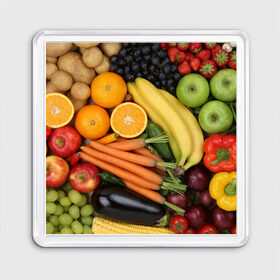 Магнит 55*55 с принтом Овощи и фрукты в Санкт-Петербурге, Пластик | Размер: 65*65 мм; Размер печати: 55*55 мм | Тематика изображения на принте: апельсин | баклажан | банан | картофель | клубника | кукуруза | морковь | овощи | перец | фрукты | яблоки