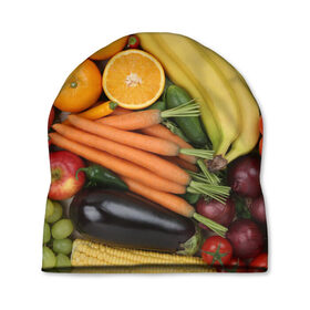 Шапка 3D с принтом Овощи и фрукты в Санкт-Петербурге, 100% полиэстер | универсальный размер, печать по всей поверхности изделия | апельсин | баклажан | банан | картофель | клубника | кукуруза | морковь | овощи | перец | фрукты | яблоки