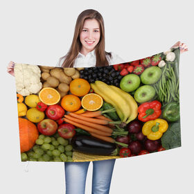 Флаг 3D с принтом Овощи и фрукты в Санкт-Петербурге, 100% полиэстер | плотность ткани — 95 г/м2, размер — 67 х 109 см. Принт наносится с одной стороны | апельсин | баклажан | банан | картофель | клубника | кукуруза | морковь | овощи | перец | фрукты | яблоки
