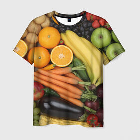 Мужская футболка 3D с принтом Овощи и фрукты в Санкт-Петербурге, 100% полиэфир | прямой крой, круглый вырез горловины, длина до линии бедер | апельсин | баклажан | банан | картофель | клубника | кукуруза | морковь | овощи | перец | фрукты | яблоки