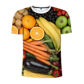 Мужская футболка 3D спортивная с принтом Овощи и фрукты в Санкт-Петербурге, 100% полиэстер с улучшенными характеристиками | приталенный силуэт, круглая горловина, широкие плечи, сужается к линии бедра | Тематика изображения на принте: апельсин | баклажан | банан | картофель | клубника | кукуруза | морковь | овощи | перец | фрукты | яблоки