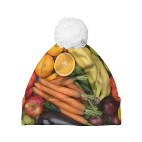 Шапка 3D c помпоном с принтом Овощи и фрукты в Санкт-Петербурге, 100% полиэстер | универсальный размер, печать по всей поверхности изделия | апельсин | баклажан | банан | картофель | клубника | кукуруза | морковь | овощи | перец | фрукты | яблоки