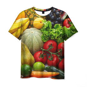 Мужская футболка 3D с принтом Богатый урожай в Санкт-Петербурге, 100% полиэфир | прямой крой, круглый вырез горловины, длина до линии бедер | апельсин | баклажан | банан | богатый урожай | виноград | горох | еда | кабачок | капуста | картофель | лимон | морковь | овощи | огурец | перец | персик | помидор | слива | сочные плоды | томат | тыква