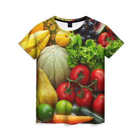 Женская футболка 3D с принтом Богатый урожай в Санкт-Петербурге, 100% полиэфир ( синтетическое хлопкоподобное полотно) | прямой крой, круглый вырез горловины, длина до линии бедер | апельсин | баклажан | банан | богатый урожай | виноград | горох | еда | кабачок | капуста | картофель | лимон | морковь | овощи | огурец | перец | персик | помидор | слива | сочные плоды | томат | тыква
