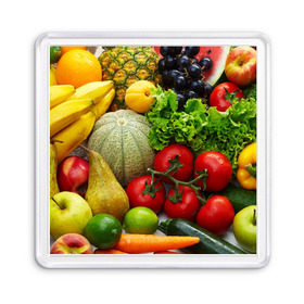 Магнит 55*55 с принтом Богатый урожай в Санкт-Петербурге, Пластик | Размер: 65*65 мм; Размер печати: 55*55 мм | апельсин | баклажан | банан | богатый урожай | виноград | горох | еда | кабачок | капуста | картофель | лимон | морковь | овощи | огурец | перец | персик | помидор | слива | сочные плоды | томат | тыква