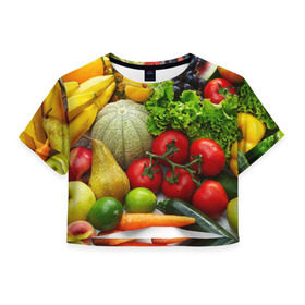 Женская футболка 3D укороченная с принтом Богатый урожай в Санкт-Петербурге, 100% полиэстер | круглая горловина, длина футболки до линии талии, рукава с отворотами | Тематика изображения на принте: апельсин | баклажан | банан | богатый урожай | виноград | горох | еда | кабачок | капуста | картофель | лимон | морковь | овощи | огурец | перец | персик | помидор | слива | сочные плоды | томат | тыква